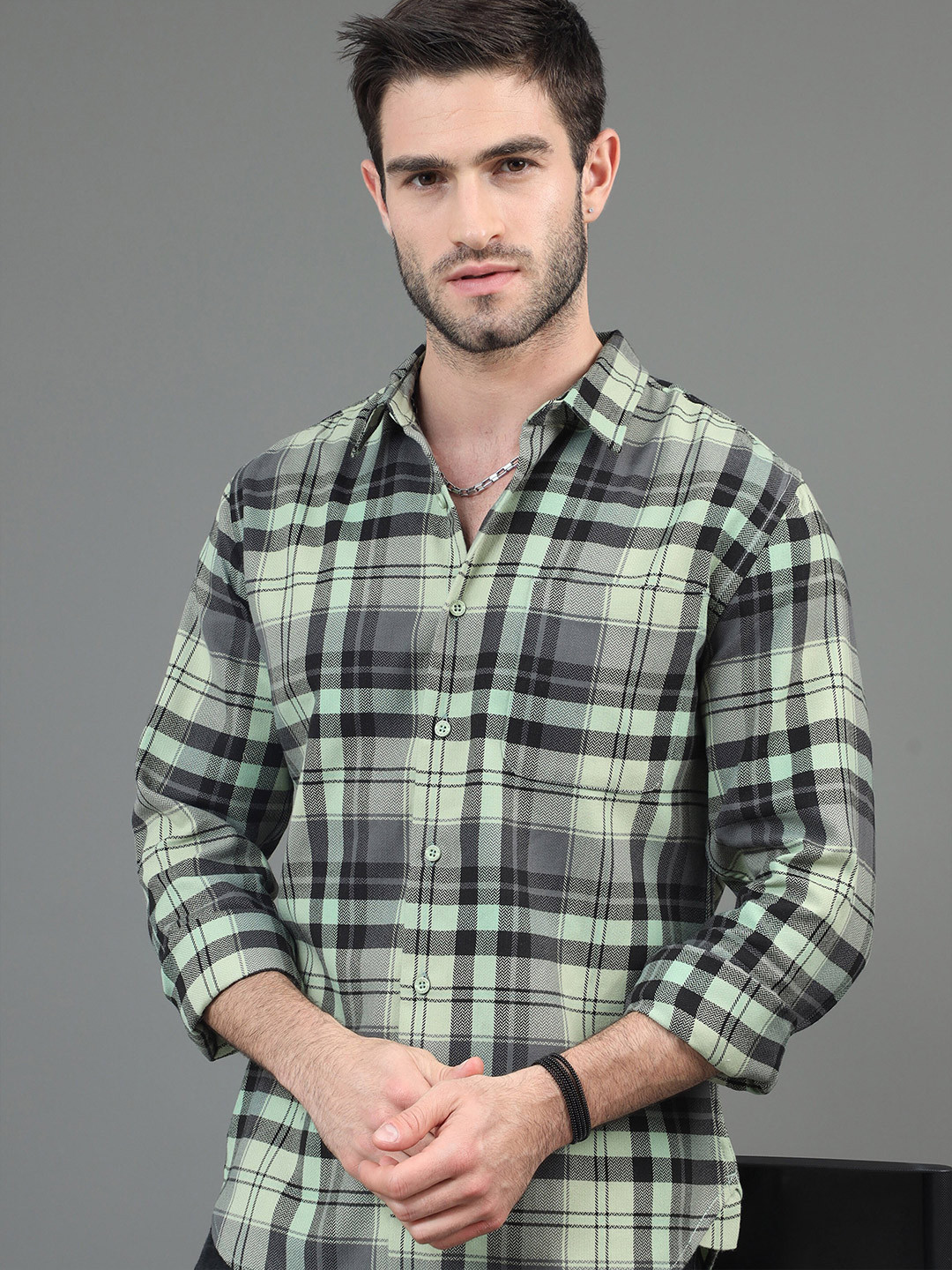 

HERE&NOW Tartan Checked Slim Fit Casual Shirt, Green