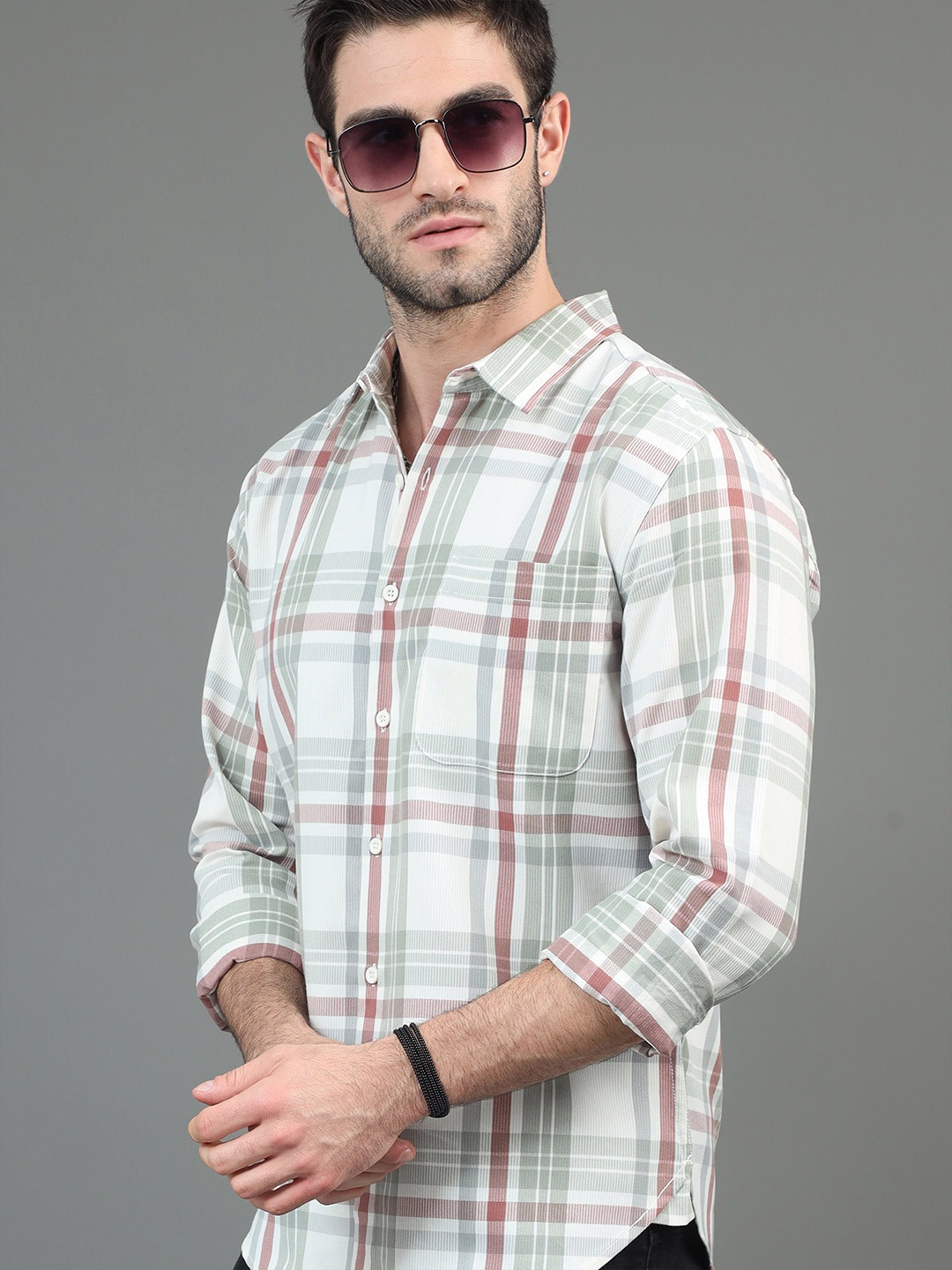 

HERE&NOW White & Sea Green Slim Fit Tartan Checked Casual Shirt