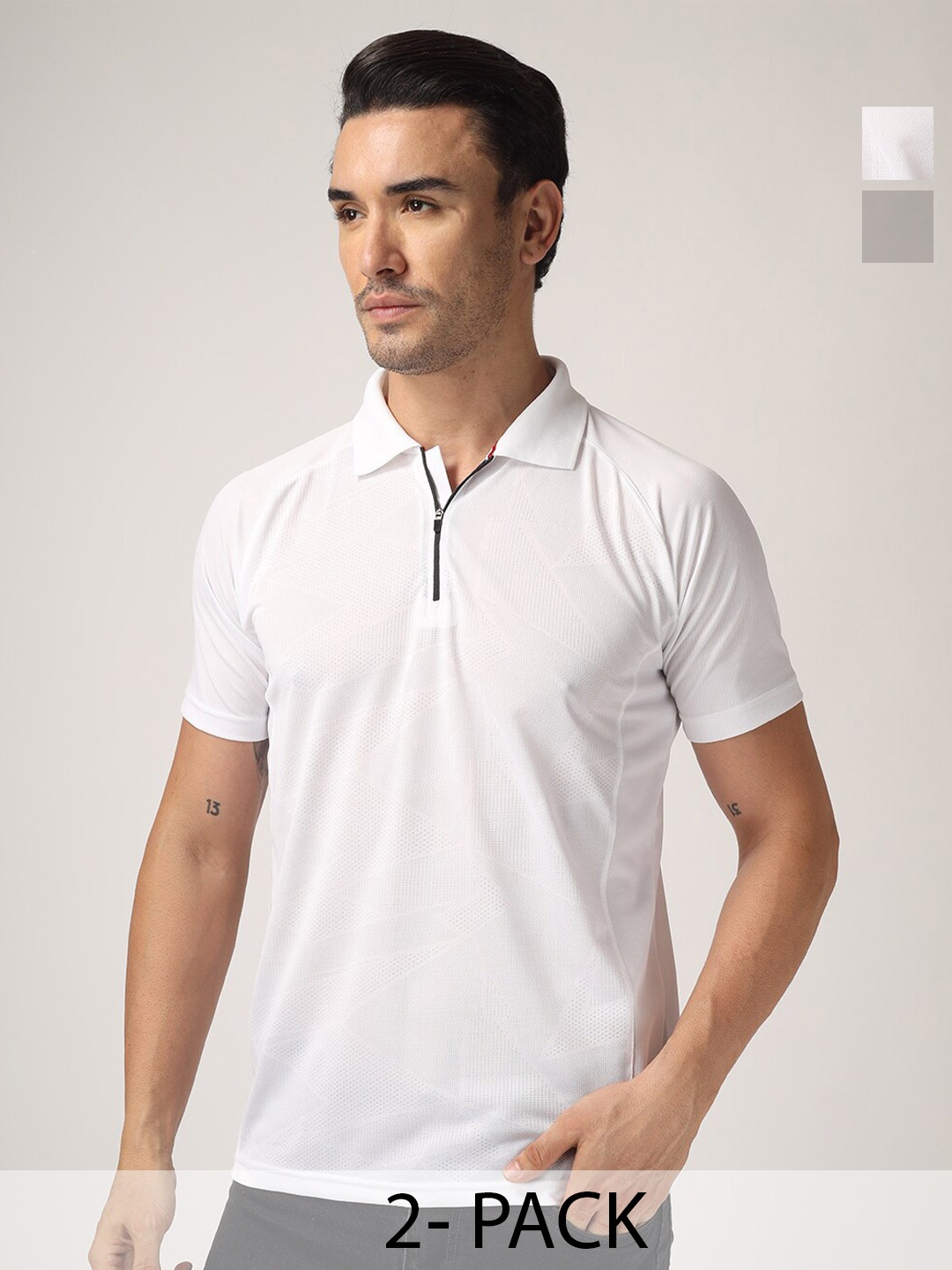 

Greylongg Pack Of 2 Self Design Dry Fit Polo Collar Regular Fit T-shirt, White