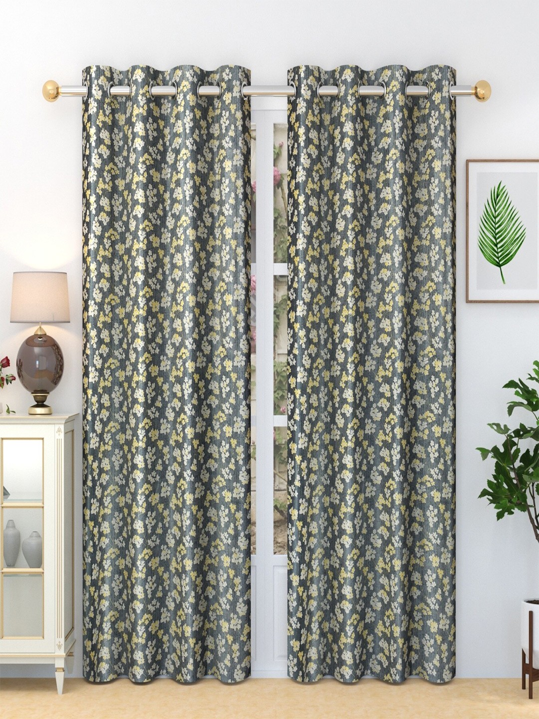 

Aura Grey & Yellow 2 Pieces Floral Printed Long Door Curtain