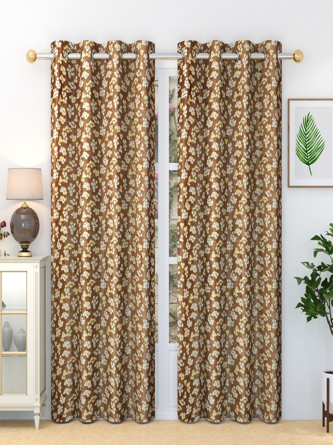 

Aura Brown 2 Pieces Floral Eyelet Long Door Sheer Curtains