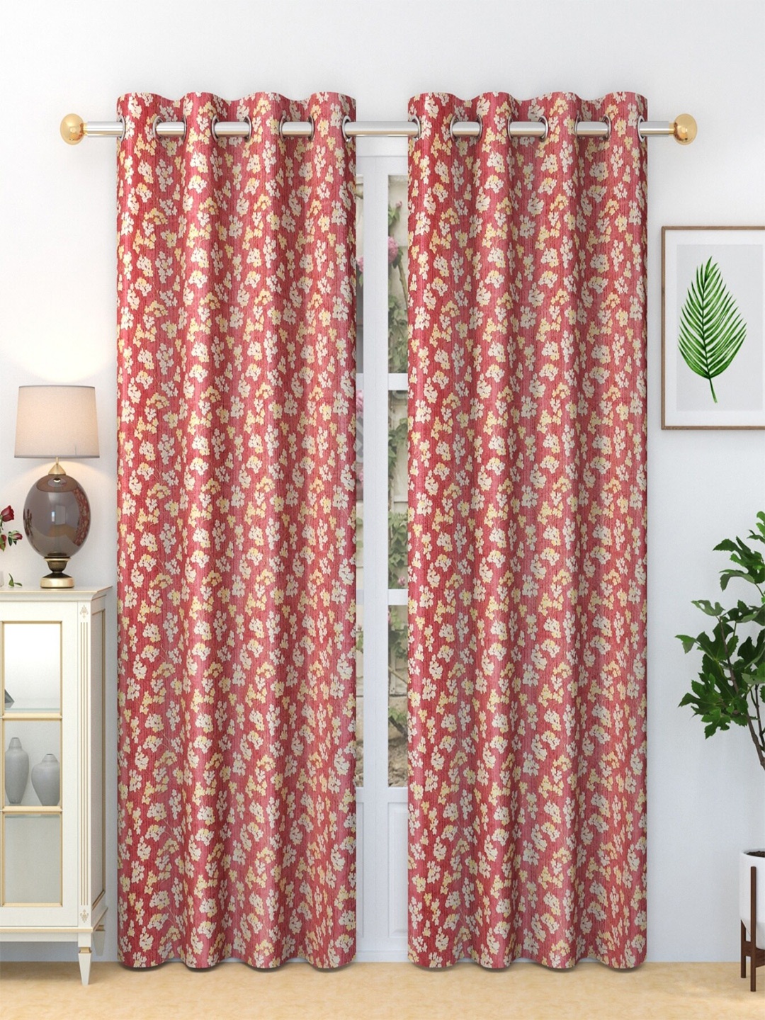 

Aura Maroon 2 Pieces Floral Eyelet Long Door Sheer Curtains