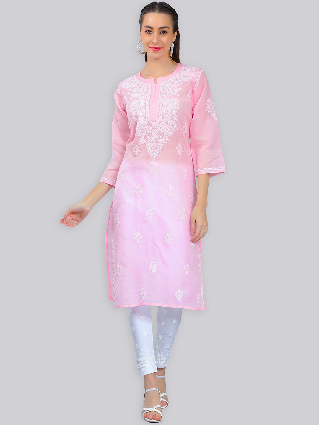 

Seva Chikan Ethnic Motifs Embroidered Chikankari Straight Kurta, Pink