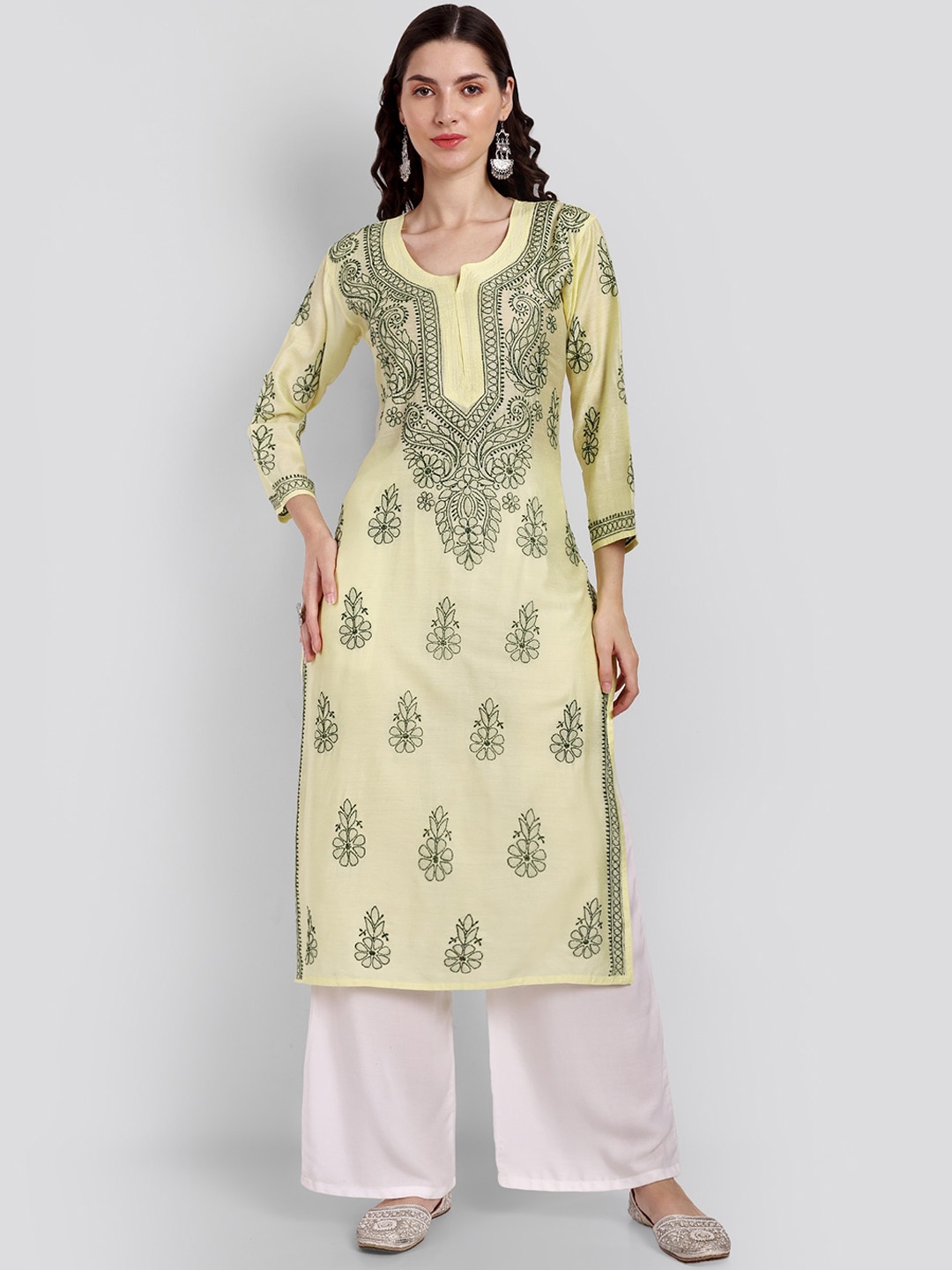 

Seva Chikan Ethnic Motifs Embroidered Chanderi Chikankari Straight Kurta, Yellow