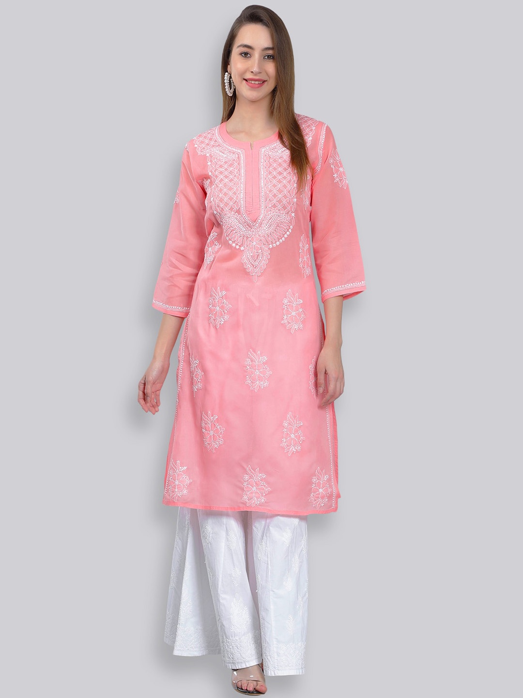 

Seva Chikan Floral Embroidered Chikankari Kurta, Peach