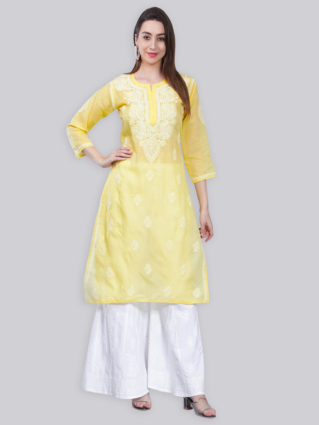 

Seva Chikan Ethnic Motifs Embroidered Chikankari Straight Kurta, Yellow