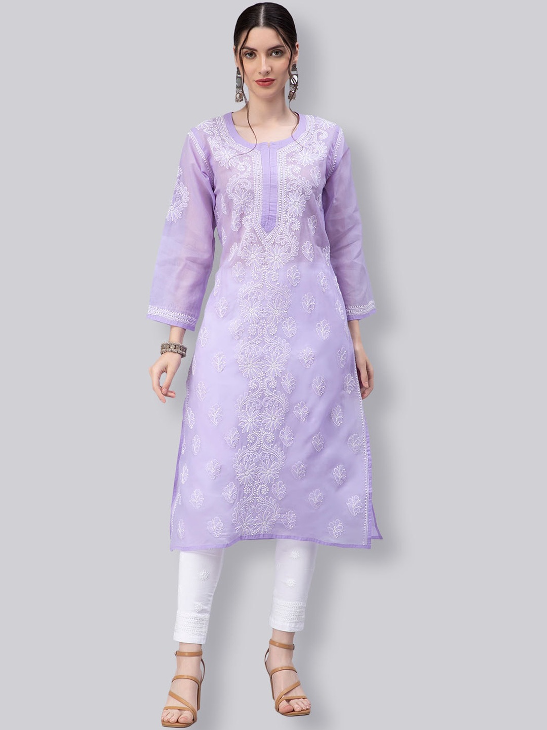 

Seva Chikan Floral Embroidered Chikankari Kurta, Lavender