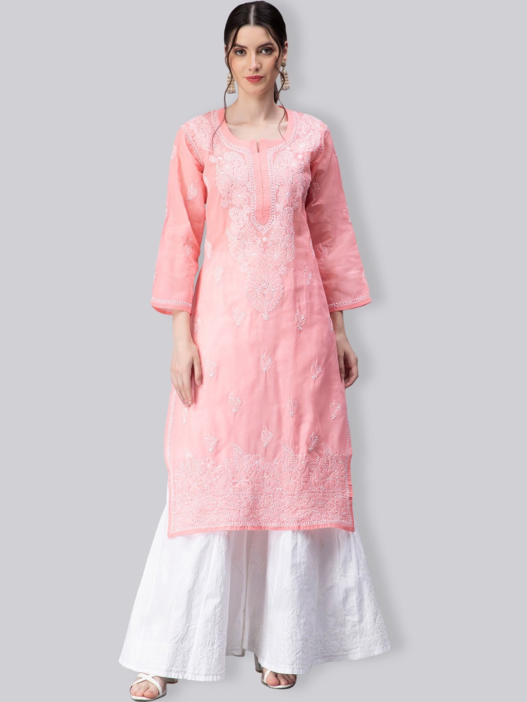

Seva Chikan Ethnic Motifs Embroidered Lucknowi Chikankari Voile Straight Kurta, Peach