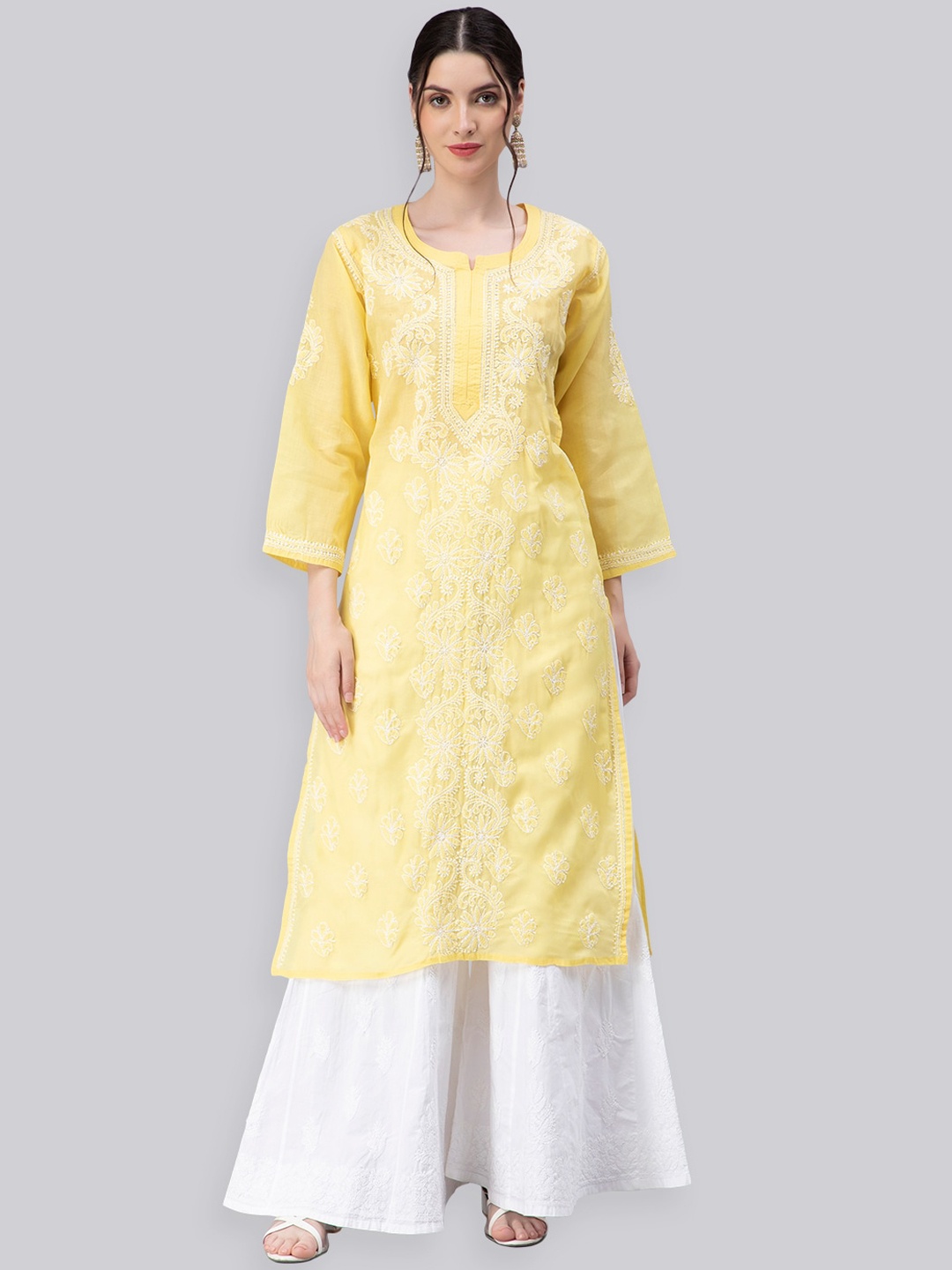 

Seva Chikan Ethnic Motifs Embroidered Lucknowi Chikankari Voile Straight Kurta, Yellow