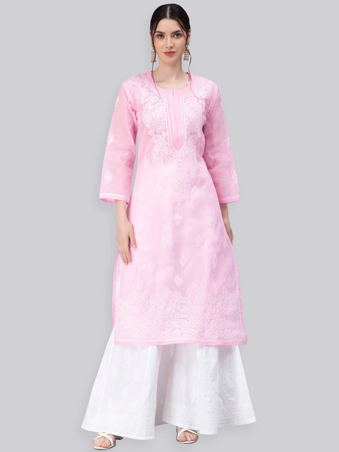 

Seva Chikan Floral Embroidered Chikankari Kurta, Pink