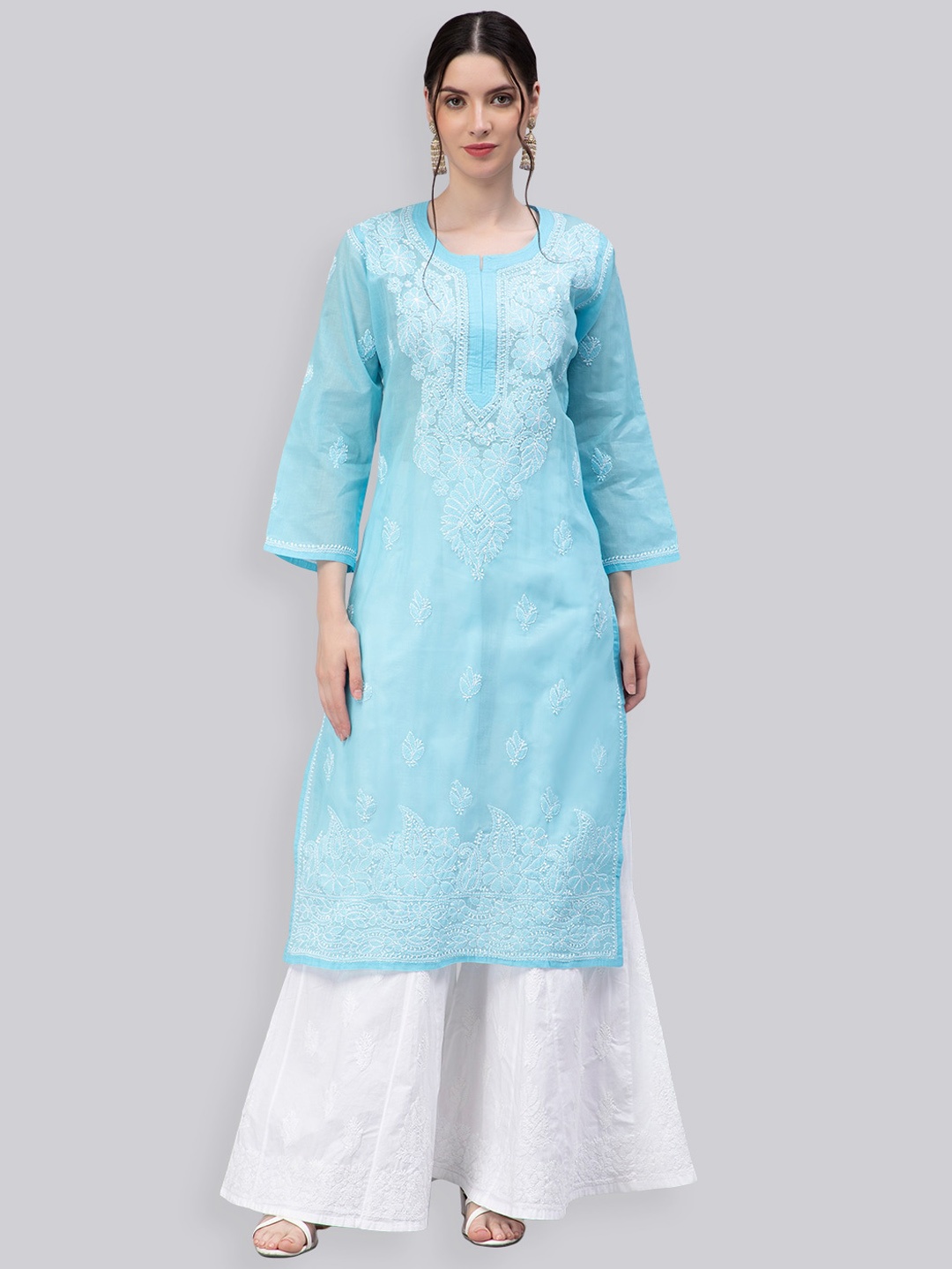 

Seva Chikan Floral Embroidered Chikankari Kurta, Blue