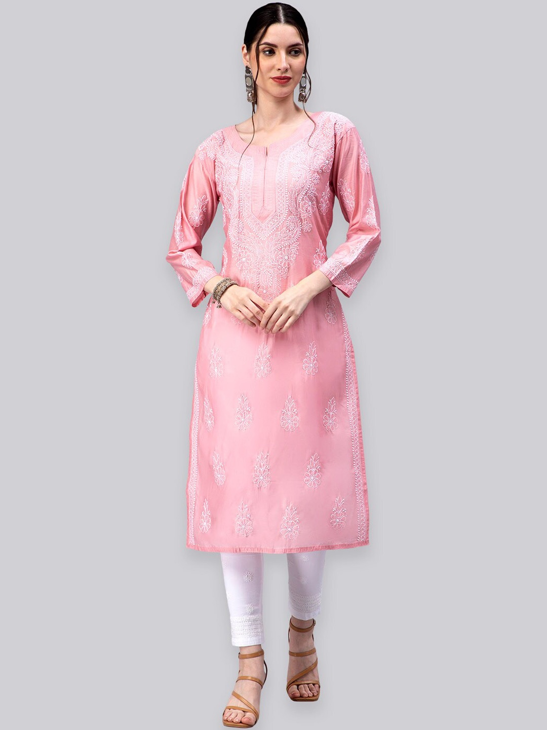 

Seva Chikan Floral Embroidered Lucknowi Chikankari Kurta, Pink