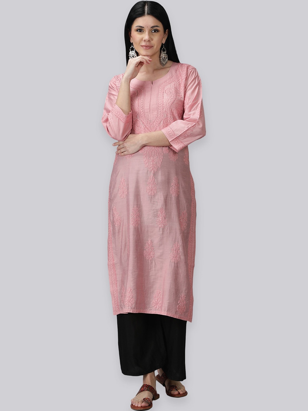 

Seva Chikan Ethnic Motifs Embroidered Lucknowi Chanderi Chikankari Kurta, Pink