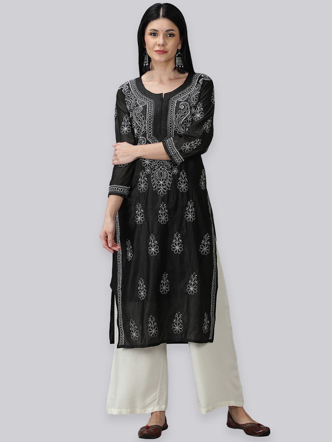 

Seva Chikan Ethnic Motifs Embroidered Chanderi Chikankari Kurta, Black