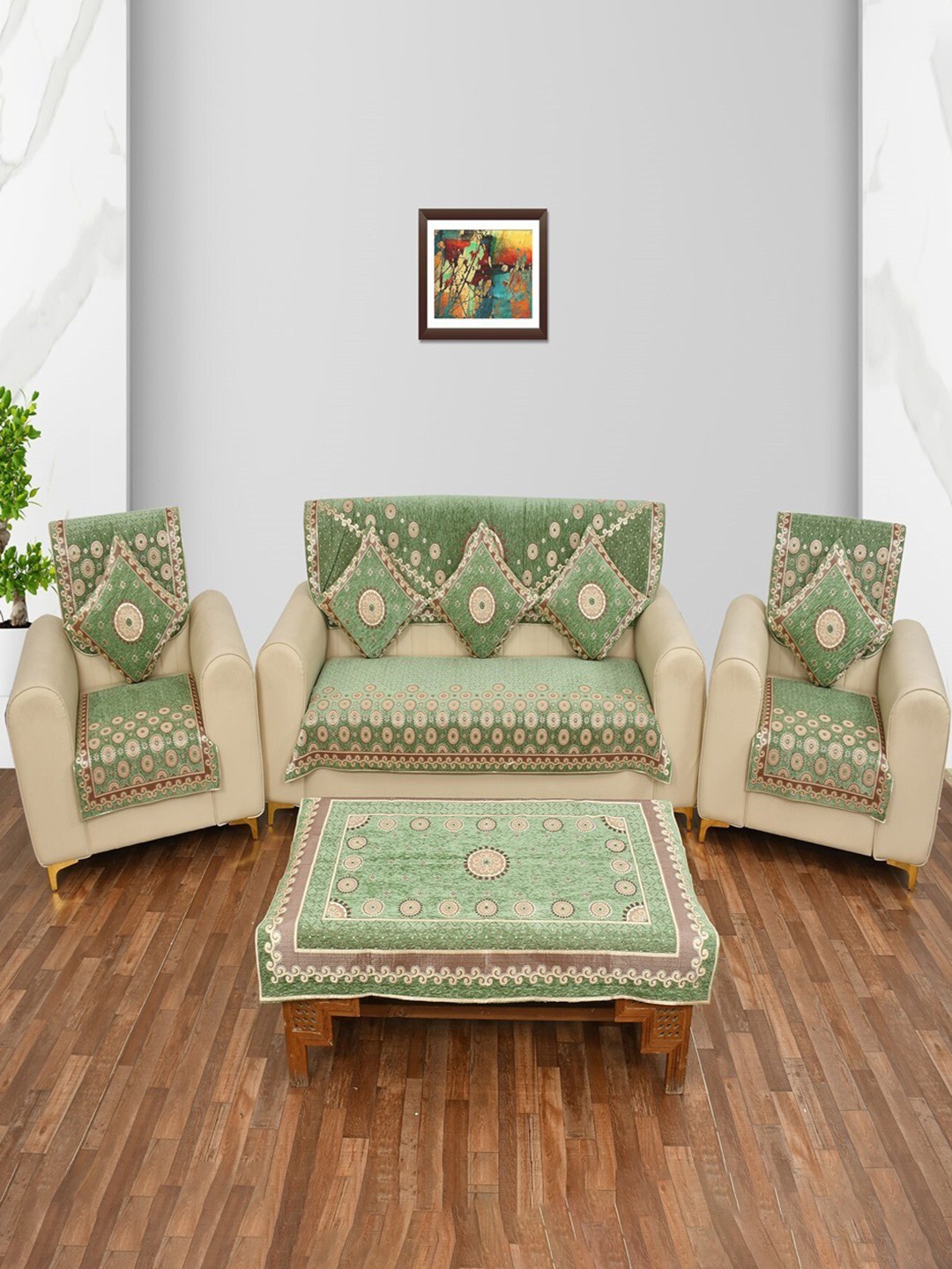 

MULTITEX 12 Pcs Green Velvet 5-Seater Sofa Cover with 5 Cushion Covers & 1 Table Cover