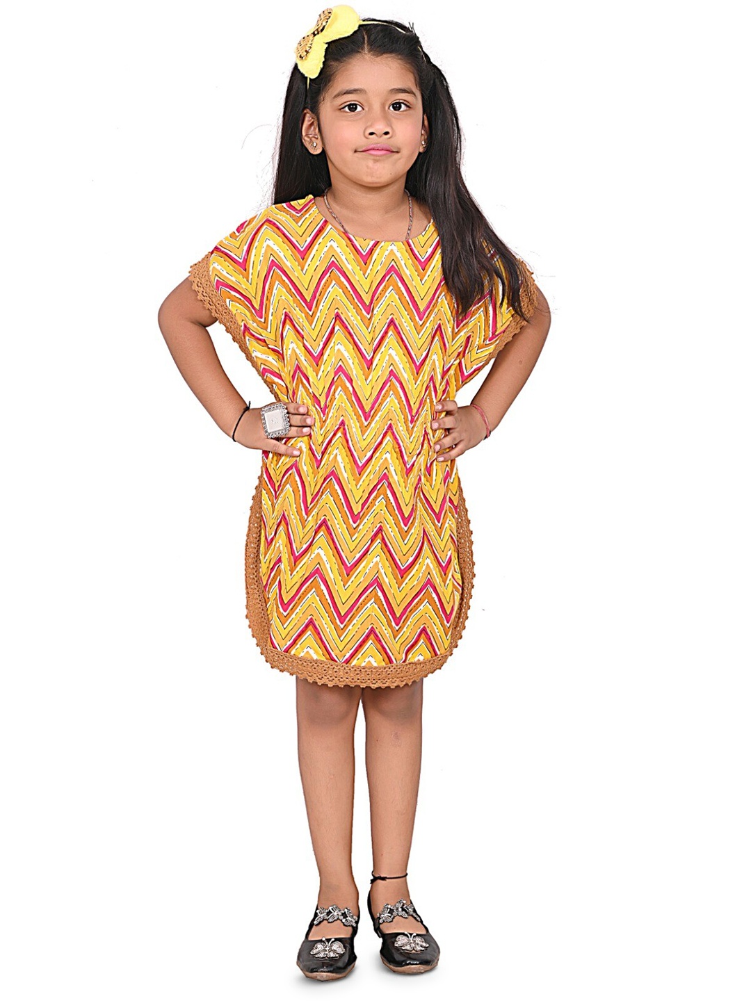 

BAESD Girls Chevron Printed Cotton Lace Inserts Kaftan Dress, Mustard