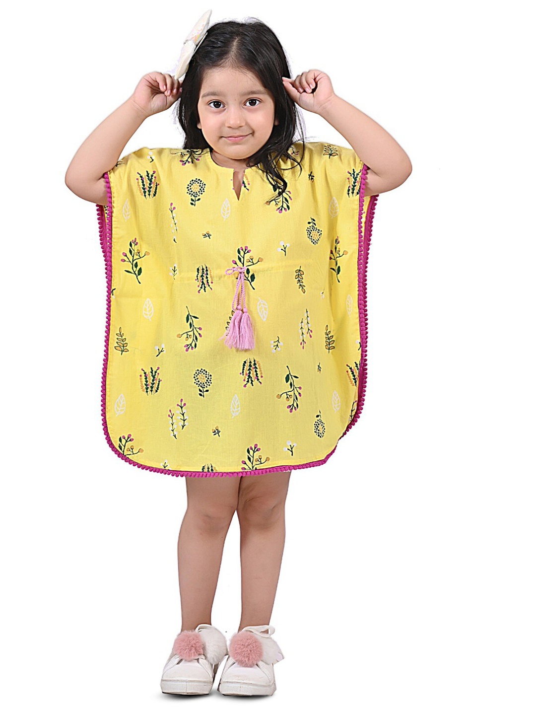 

BAESD Girls Floral Printed Cotton Lace Inserts Kaftan Dress, Yellow