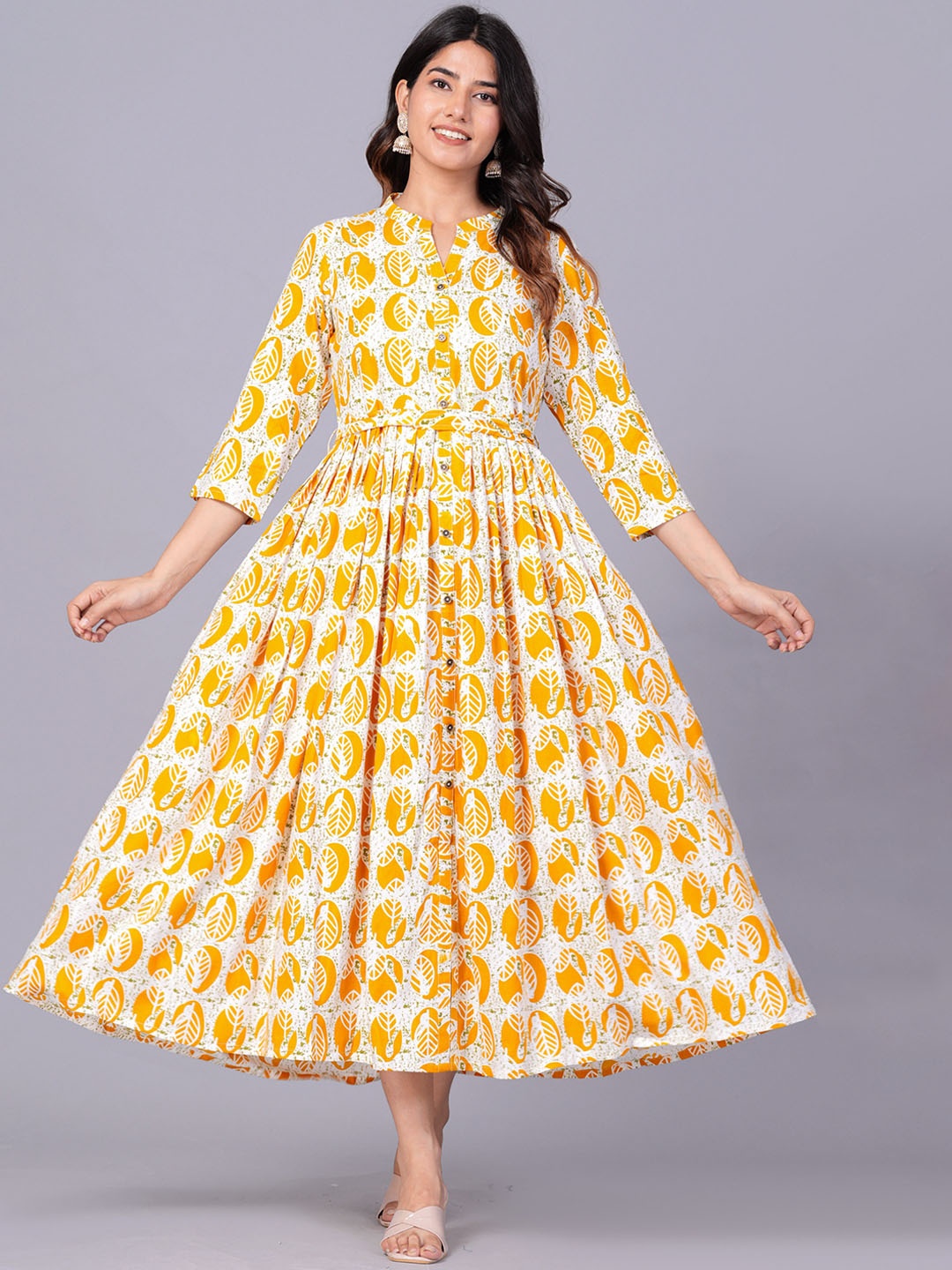 

KALINI Ethnic Motifs Printed Mandarin Collar Tie-Ups Fit and Flare Midi Ethnic Dress, Yellow