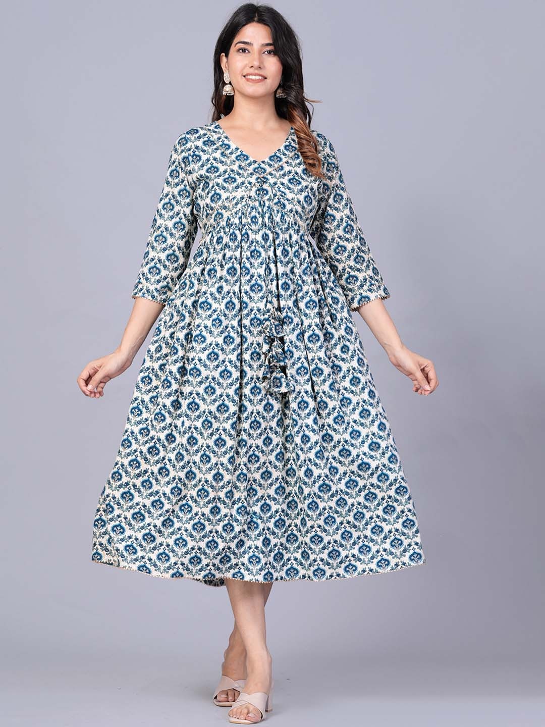 

KALINI Ethnic Motifs Printed Gathered Detailed Empire Ethnic Dress, Blue