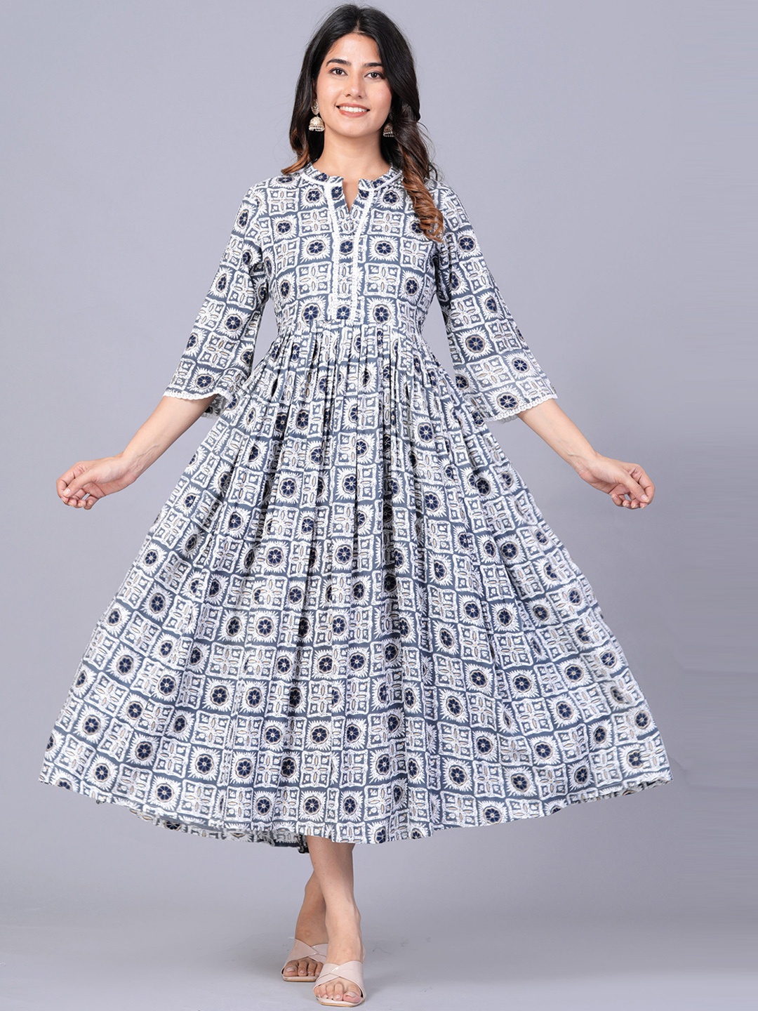 

KALINI Ethnic Motifs Printed Gathered Detailed Fit & Flare Midi Ethnic Dress, Grey
