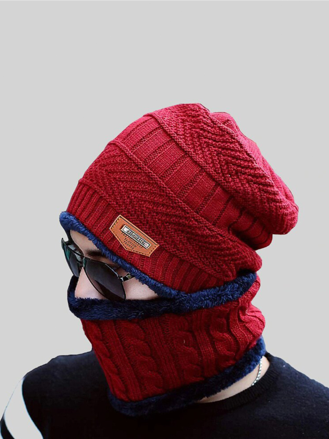 

The Roadster Lifestyle Co. Unisex Red Self Design Woollen Beanie With Muffler