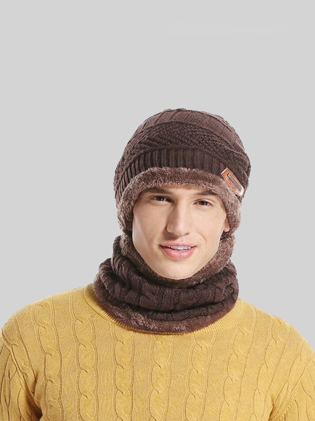 

The Roadster Lifestyle Co. Brown Cable Knitted Wool Beanie With Muffler