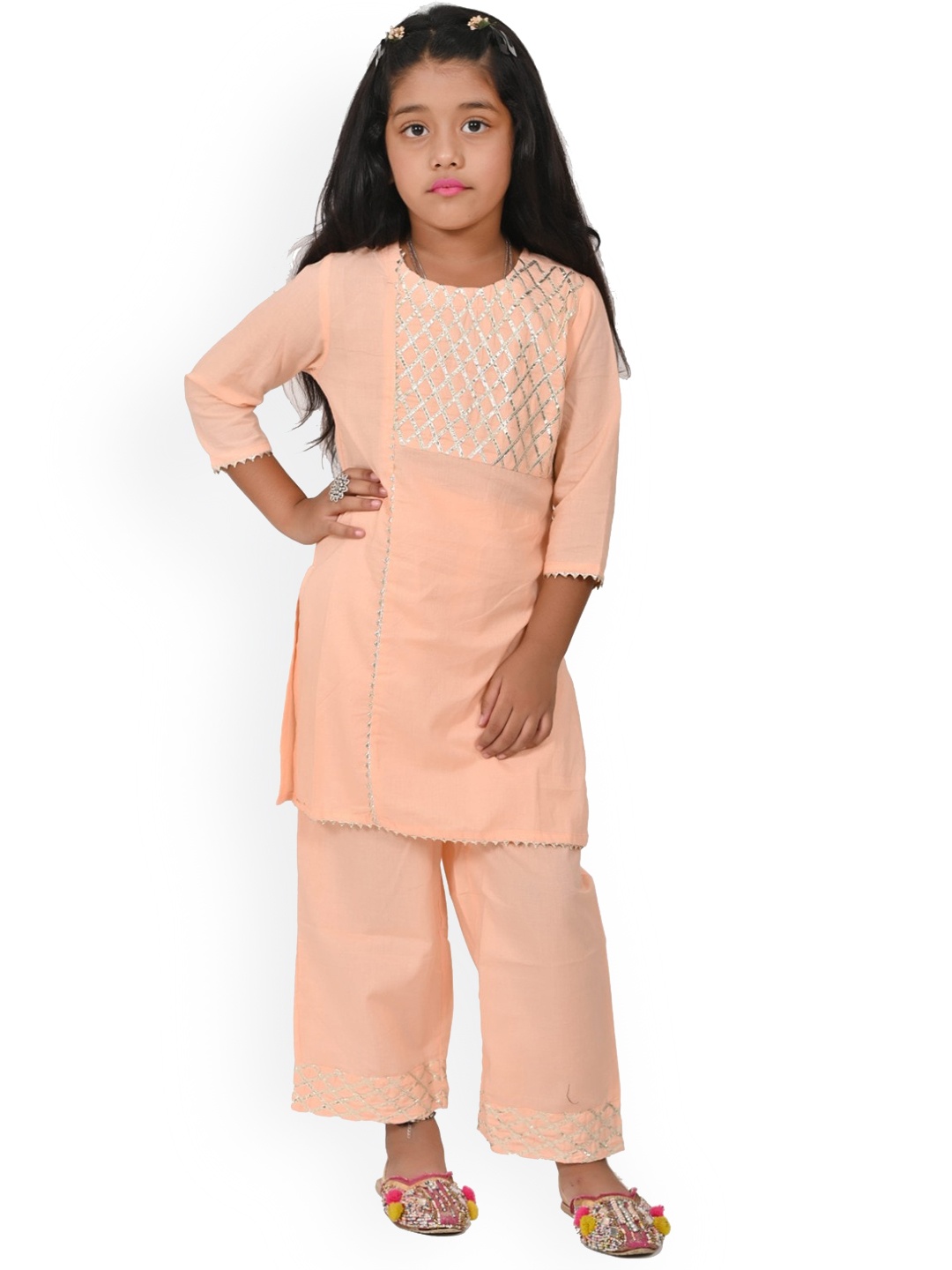 

BAESD Girls Yoke Design Gotta Patti Straight Kurta with Trouser, Peach