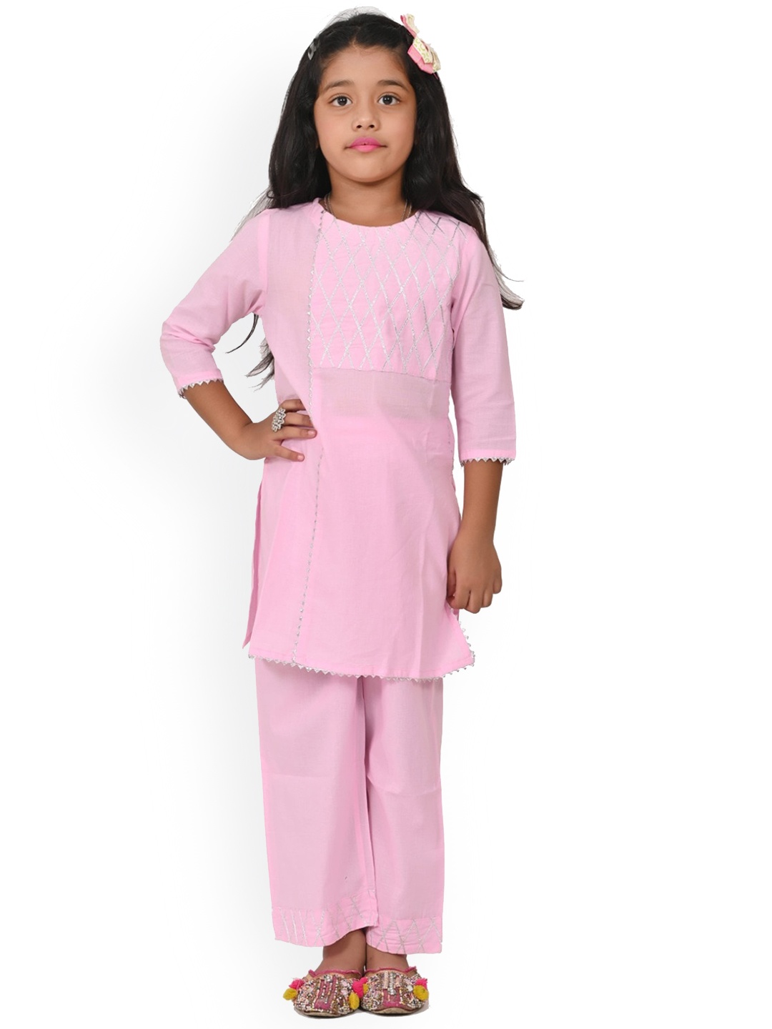 

BAESD Girls Yoke Design Gotta Patti Straight Kurta with Trouser, Pink