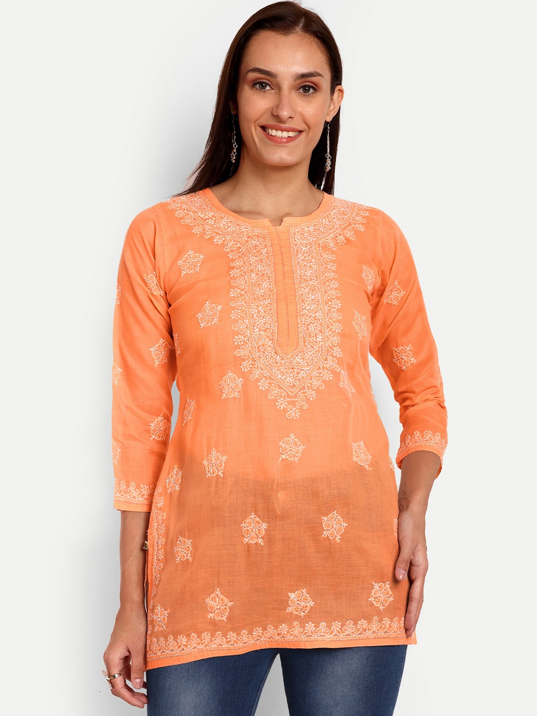 

ADA Ethnic Motifs Embroidered Lucknowi Chikankari Pure Cotton Kurti, Orange