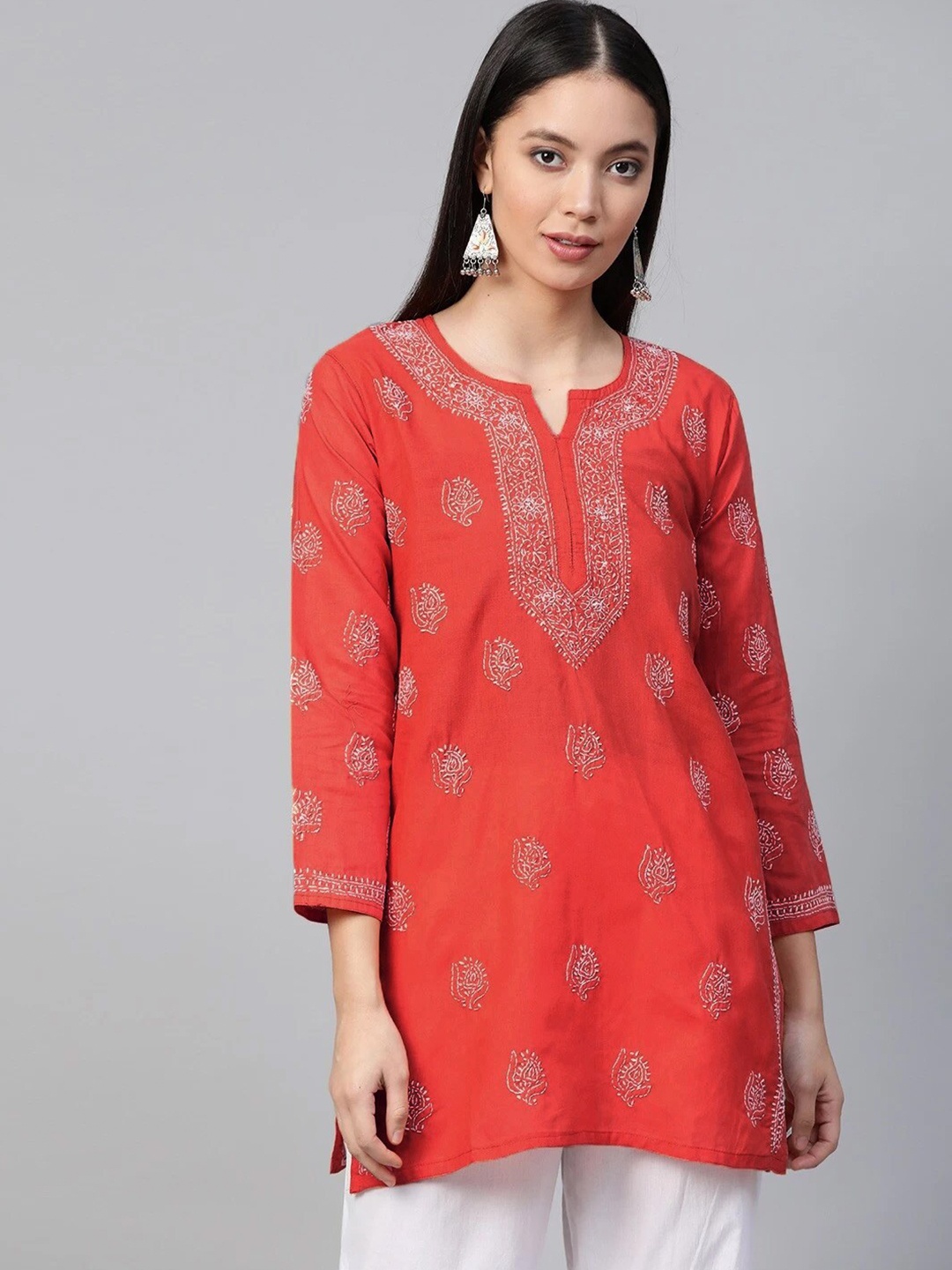 

ADA Ethnic Motifs Embroidered Lucknowi Chikankari Pure Cotton Kurti, Red