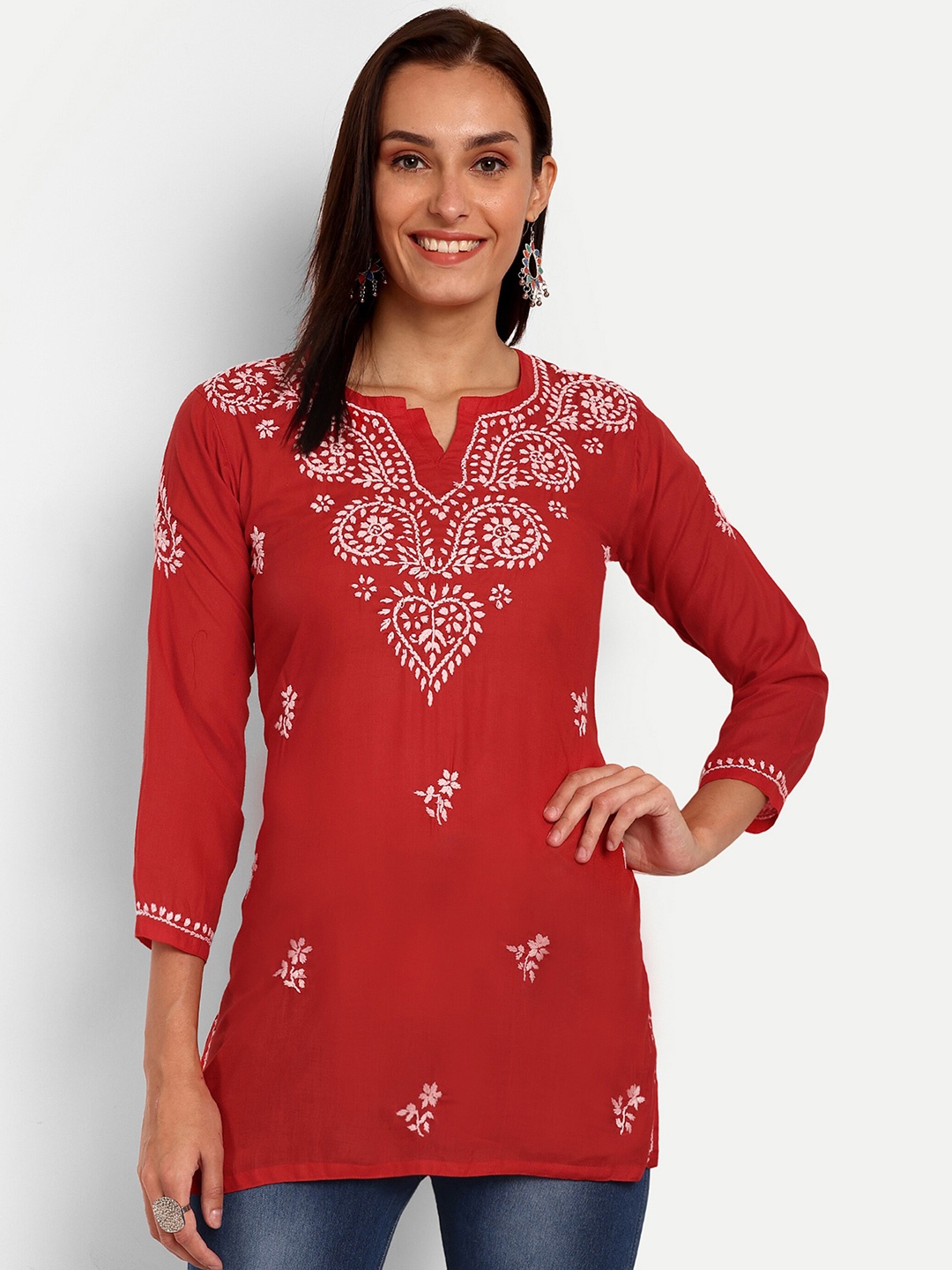 

ADA Ethnic Motifs Embroidered Lucknowi Chikankari Pure Cotton Kurti, Red
