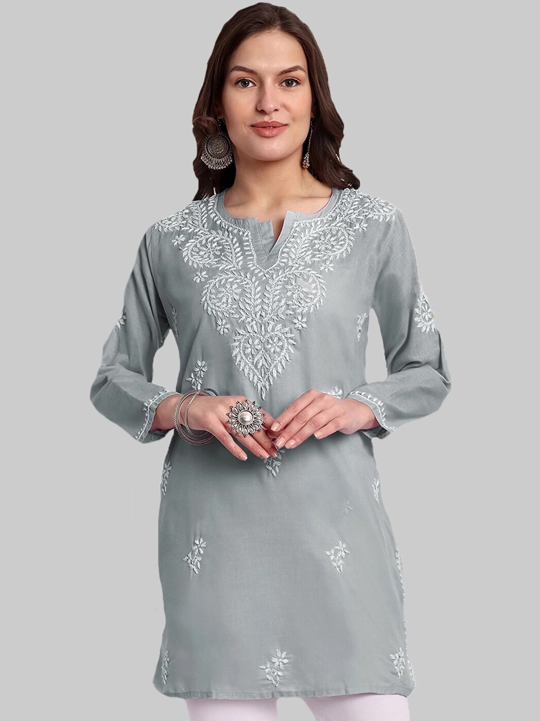 

ADA Ethnic Motifs Embroidered Lucknowi Chikankari Pure Cotton Kurti, Grey