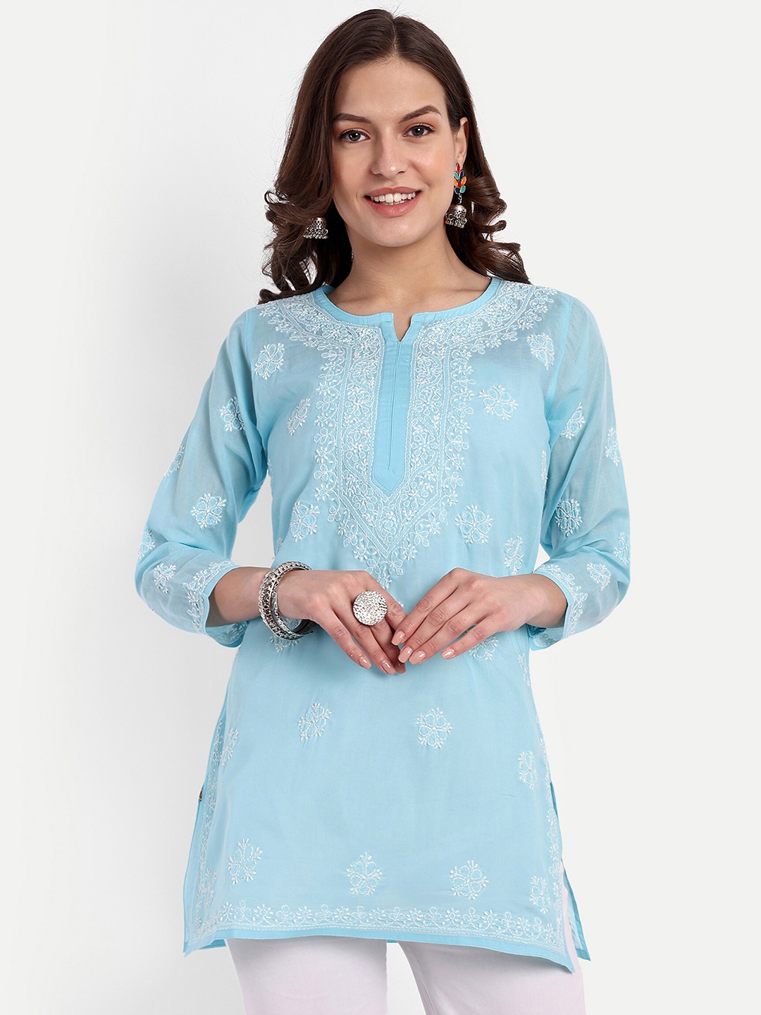 

ADA Ethnic Motifs Embroidered Lucknowi Chikankari Pure Cotton Kurti, Blue