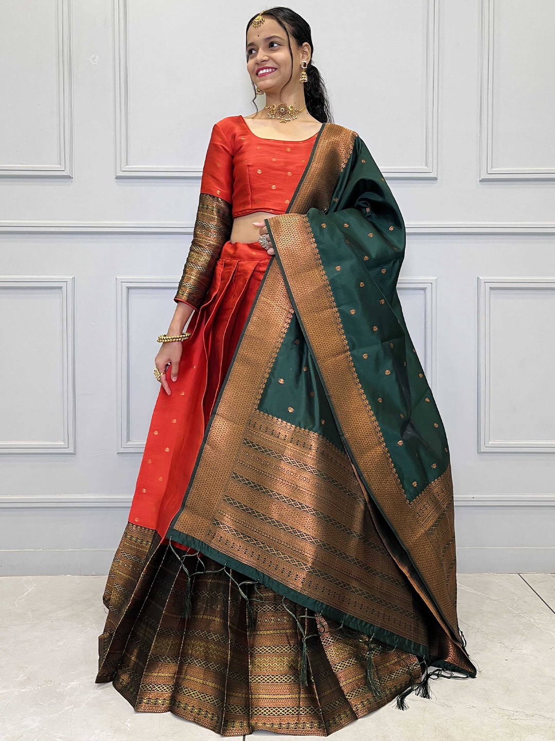 

Fabcartz Woven Design Semi-Stitched Lehenga & Unstitched Blouse With Dupatta, Red