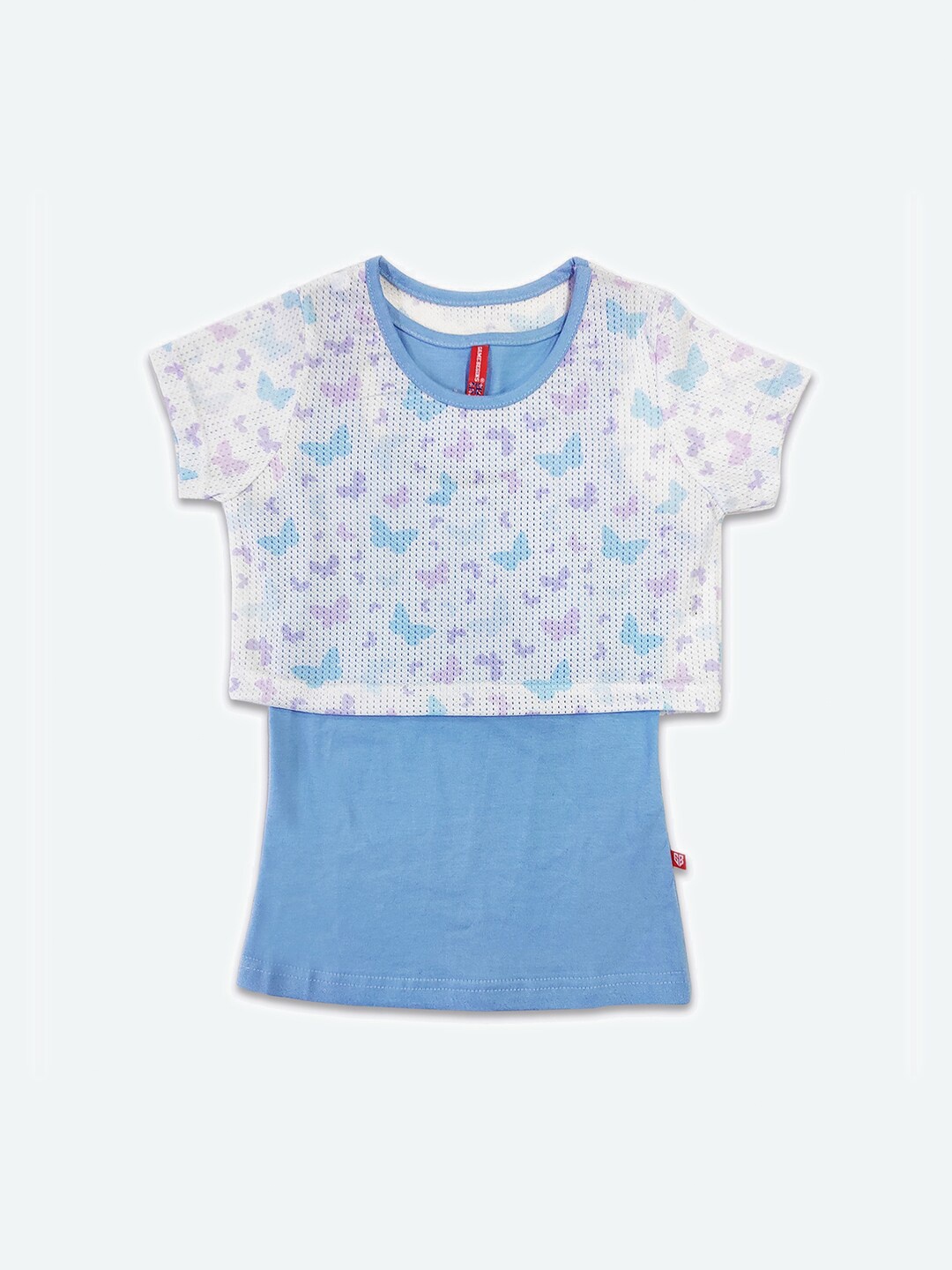 

GAME BEGINS Girls Butterfly Print Cotton Crop Top With Detachable Inner Vest, Blue