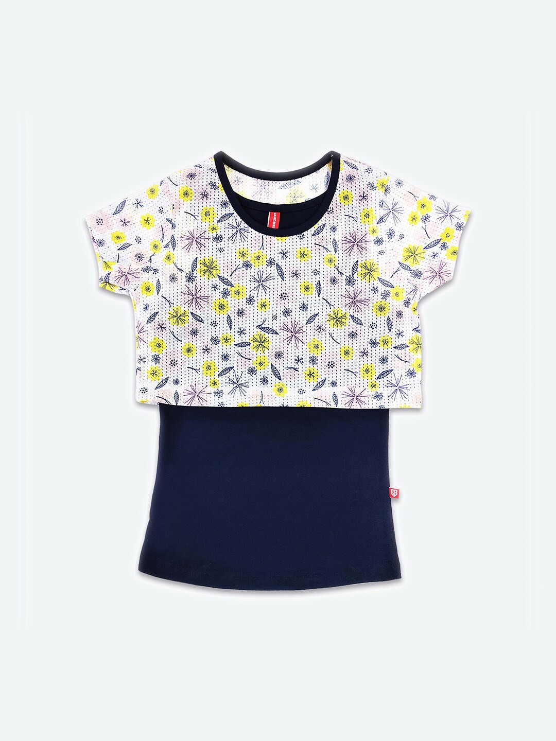 

GAME BEGINS Girls Floral Printed Cotton Crop Top with Detachable Tank Vest, Navy blue