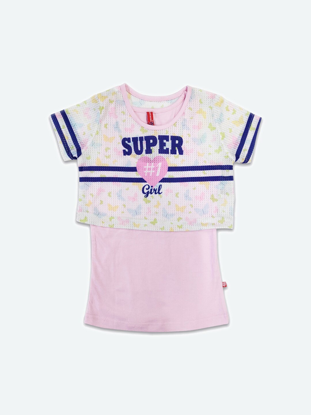 

GAME BEGINS Girls Typography Printed Cotton Crop Top with Detachable Tank Vest, Pink