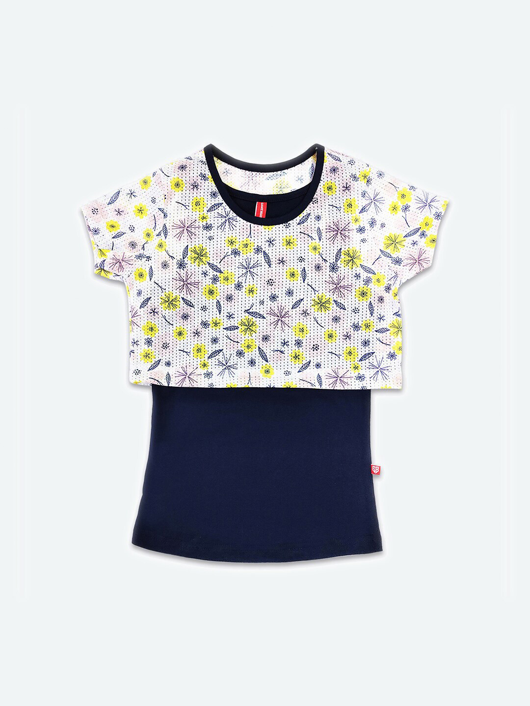 

GAME BEGINS Girls Floral Print Cotton Crop Top with Detachable Tank Vest, Navy blue