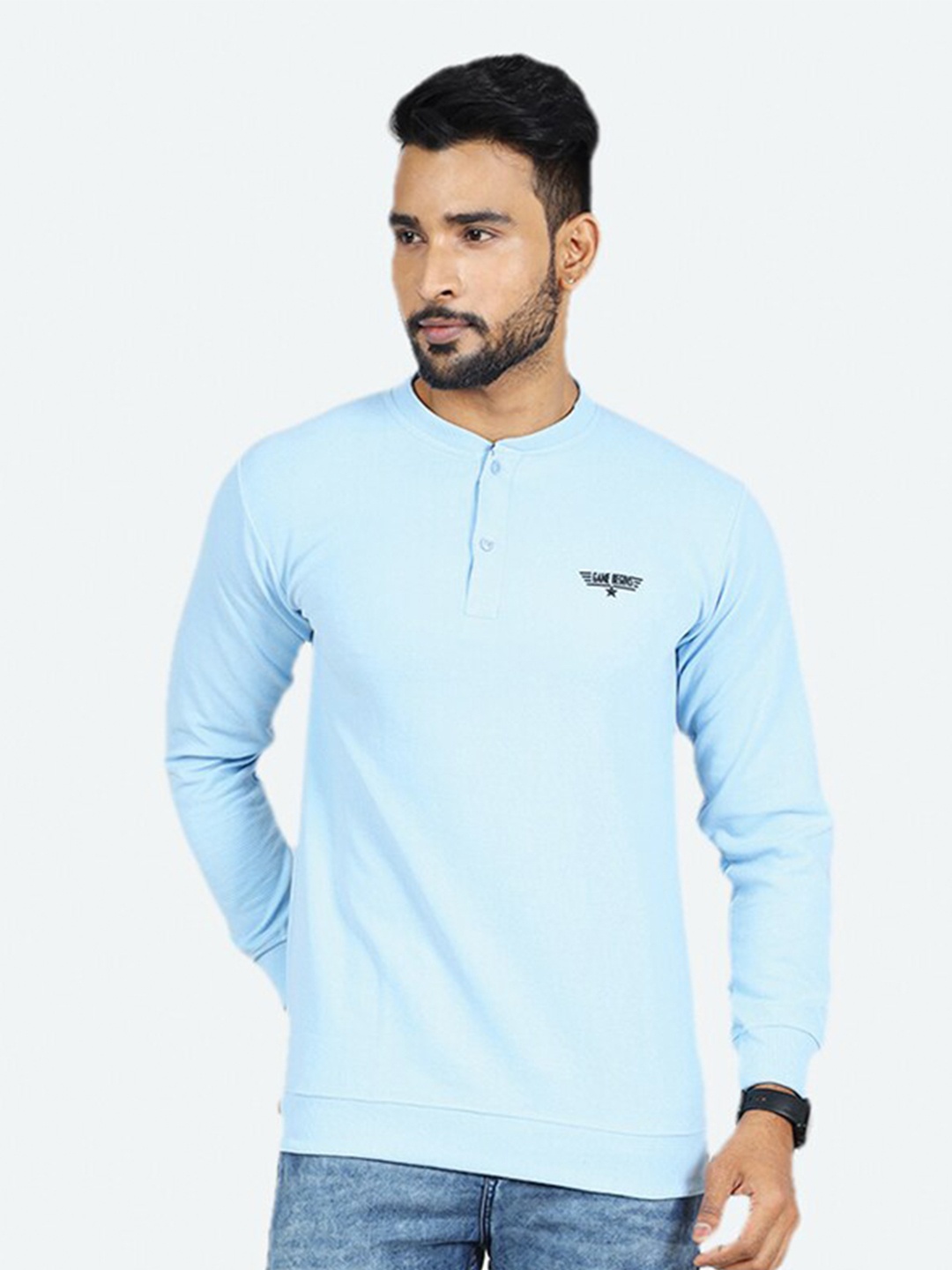

GAME BEGINS Henley Neck Relaxed Fit Pure Cotton T-shirt, Blue