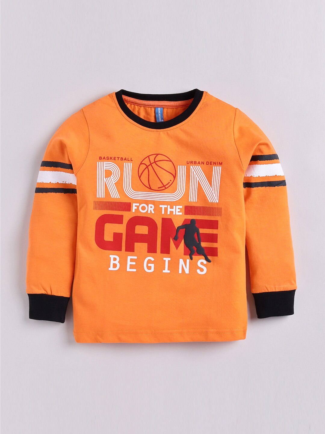 

GAME BEGINS Boys Typography Printed Pure Cotton Casual T-shirt, Orange