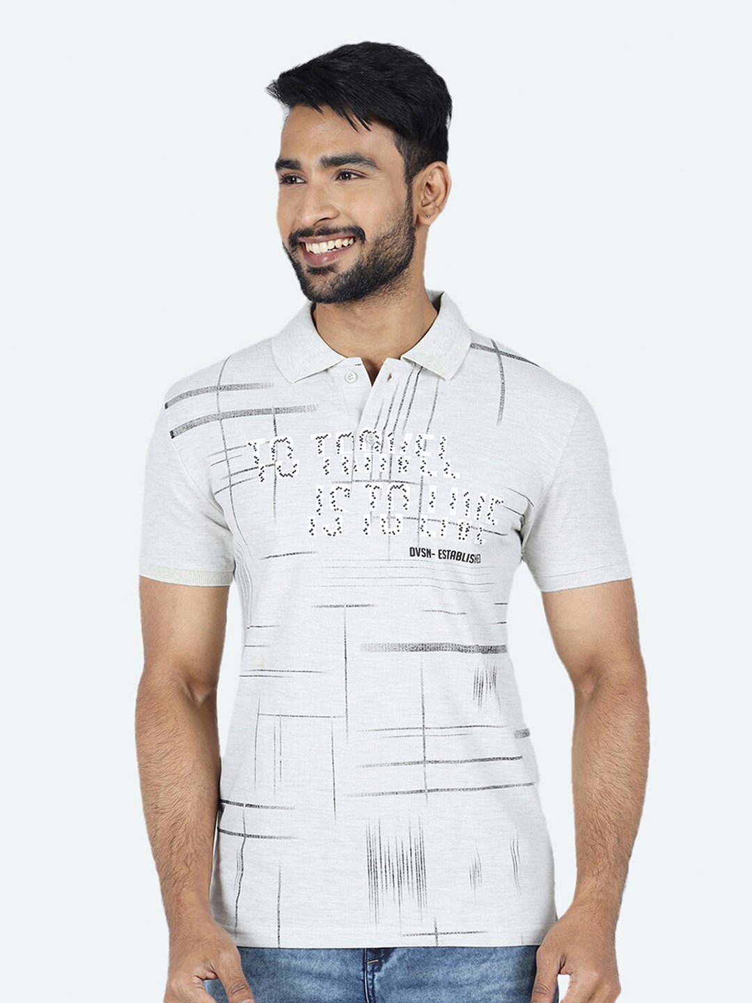 

GAME BEGINS Typography Printed Polo Collar Relaxed Fit Pure Cotton T-shirt, Grey