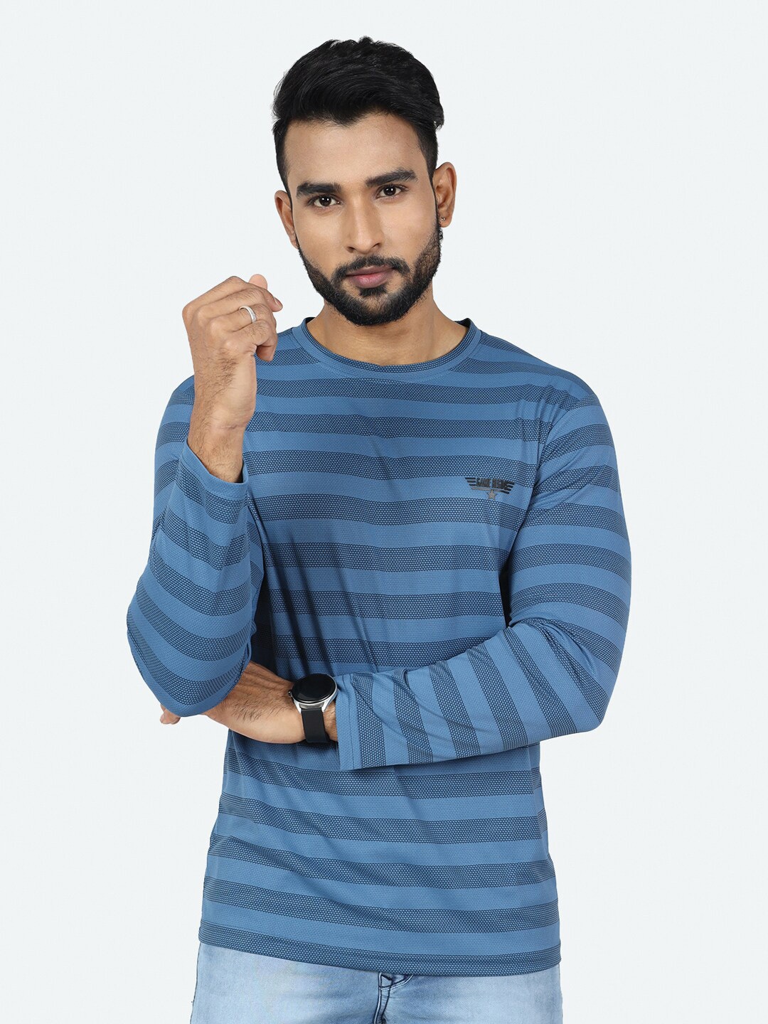 

GAME BEGINS Striped Round Neck T-shirt, Blue