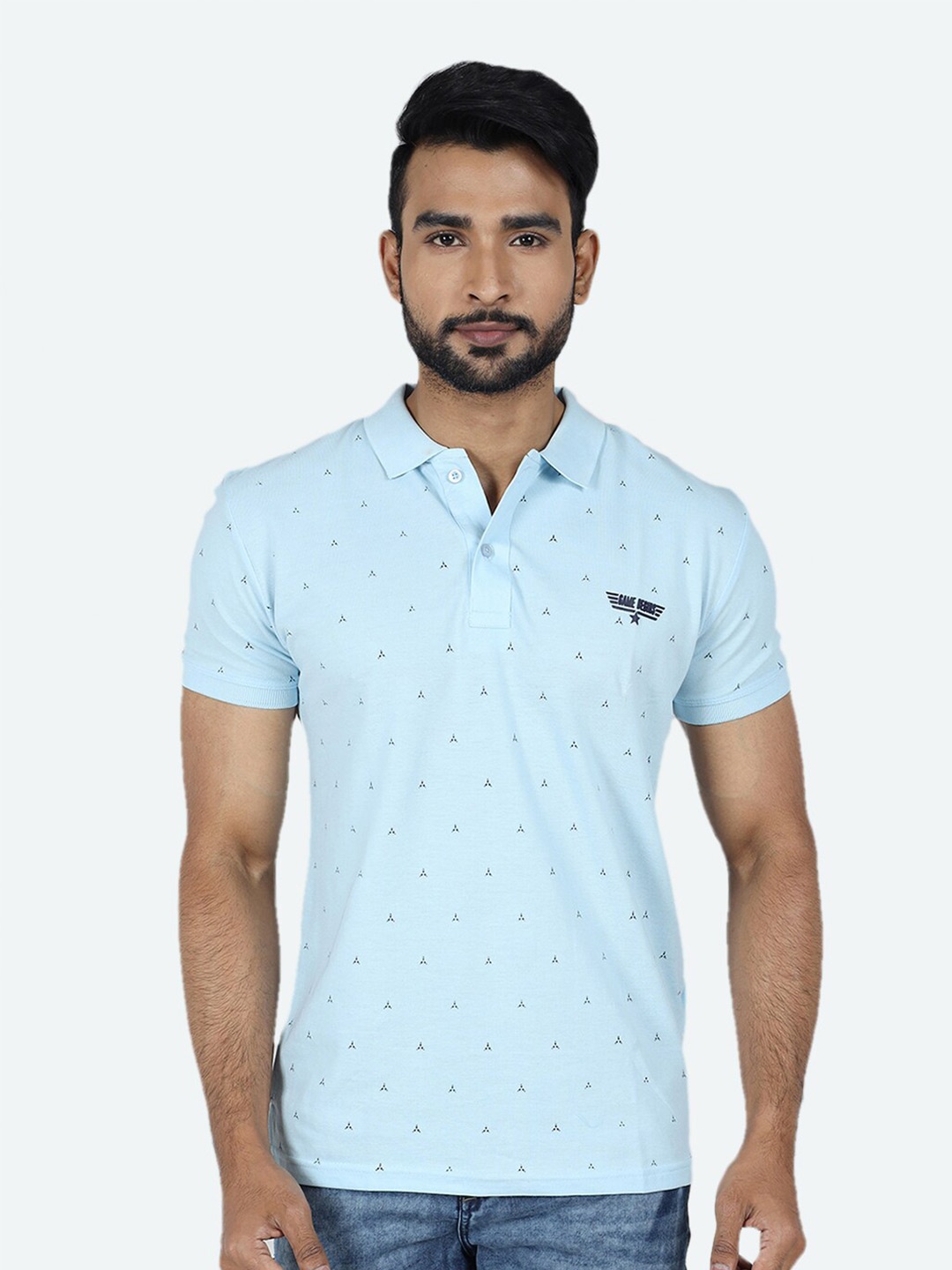 

GAME BEGINS Geometric Printed Polo Collar Pure Cotton Regular T-shirt, Blue