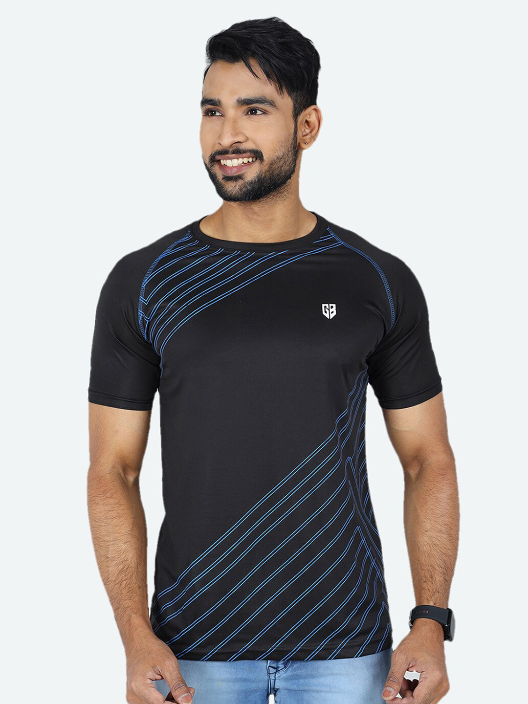 

GAME BEGINS Striped Round Neck Relaxed Fit T-shirt, Black