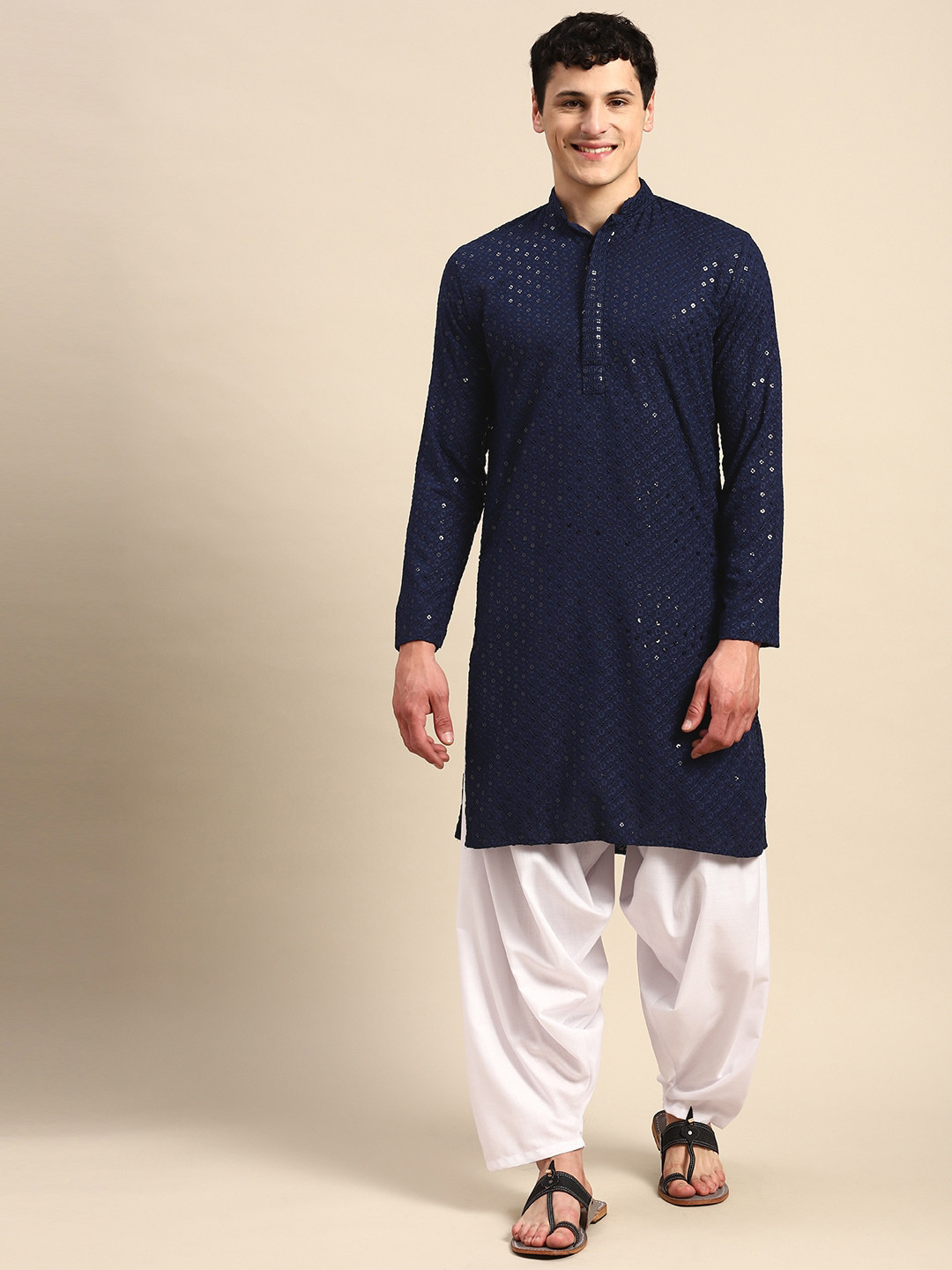 

ATRAENTA Ethnic Motifs Embroidered Sequinned Detailed Straight Kurta With Salwar, Navy blue