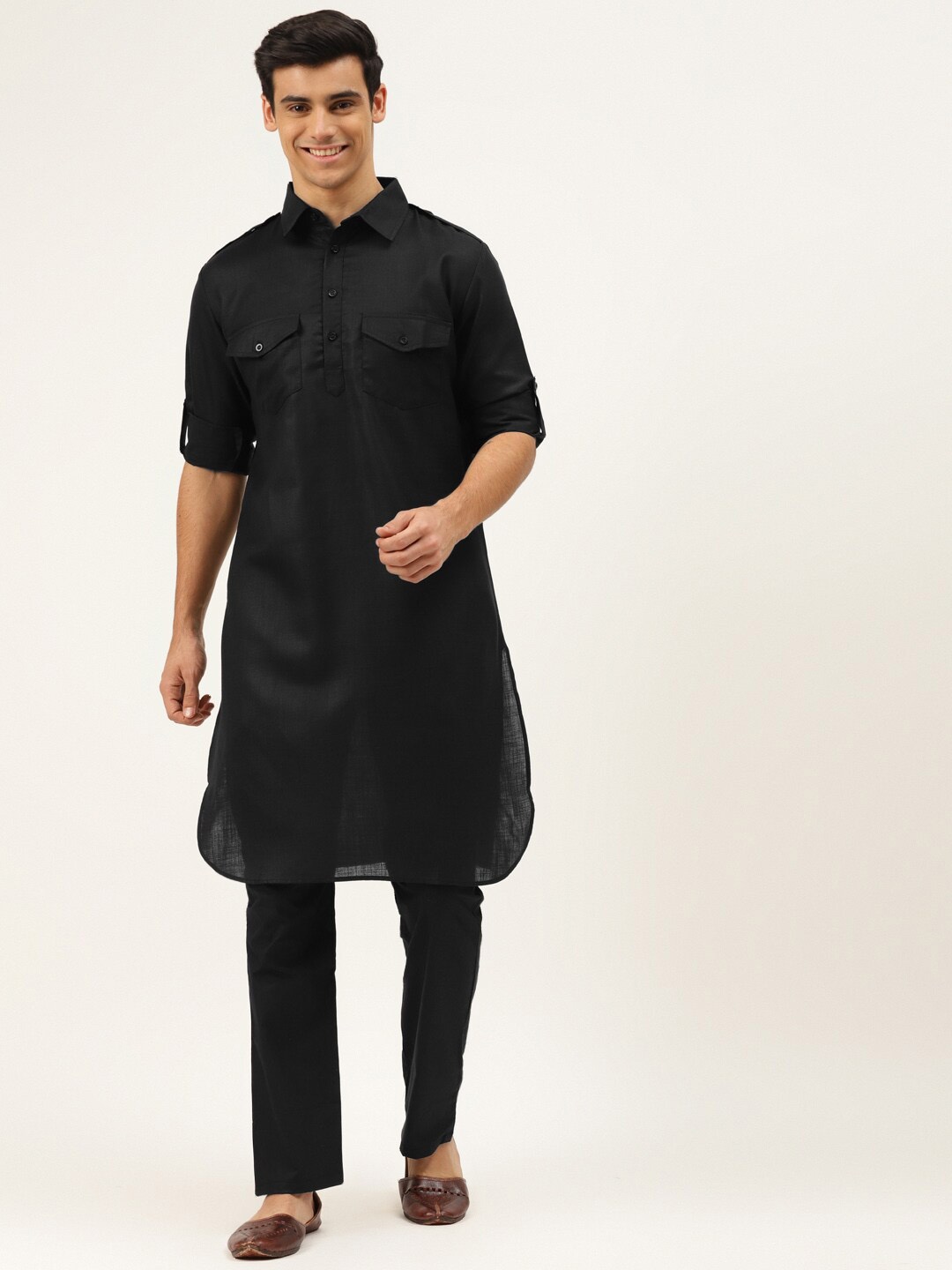 

ATRAENTA Pure Cotton Pathani Kurta with Pyjamas, Black