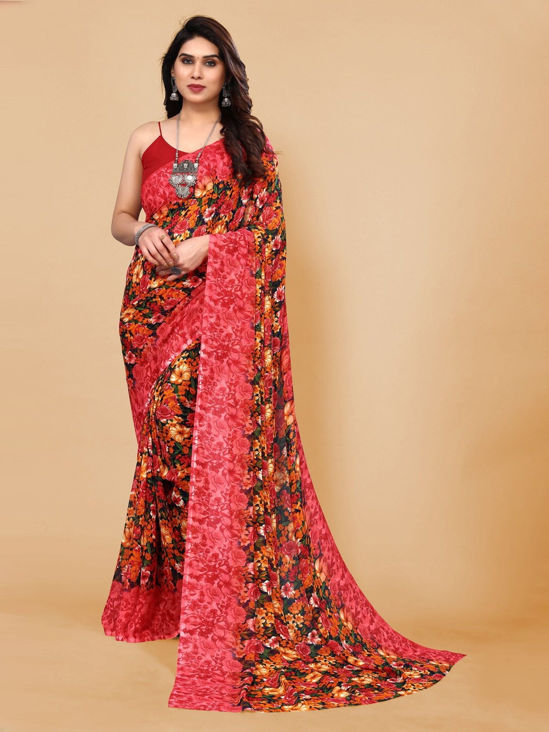 

ANAND SAREES Floral Printed Pure Georgette Saree, Pink