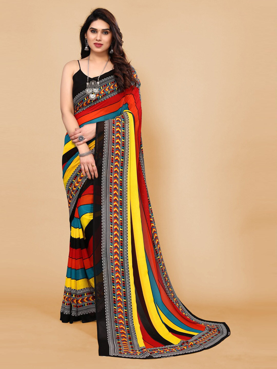 

ANAND SAREES Striped Pure Georgette Saree, Red