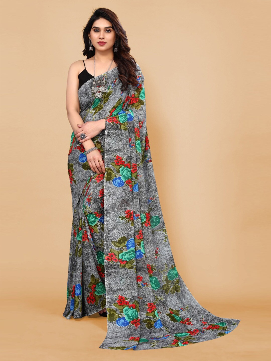

ANAND SAREES Floral Printed Pure Georgette Saree, Grey