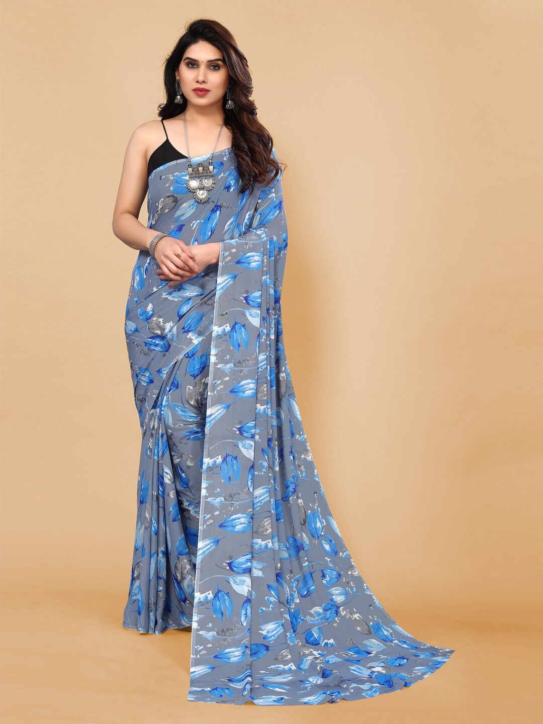 

ANAND SAREES Floral Printed Pure Georgette Saree, Grey